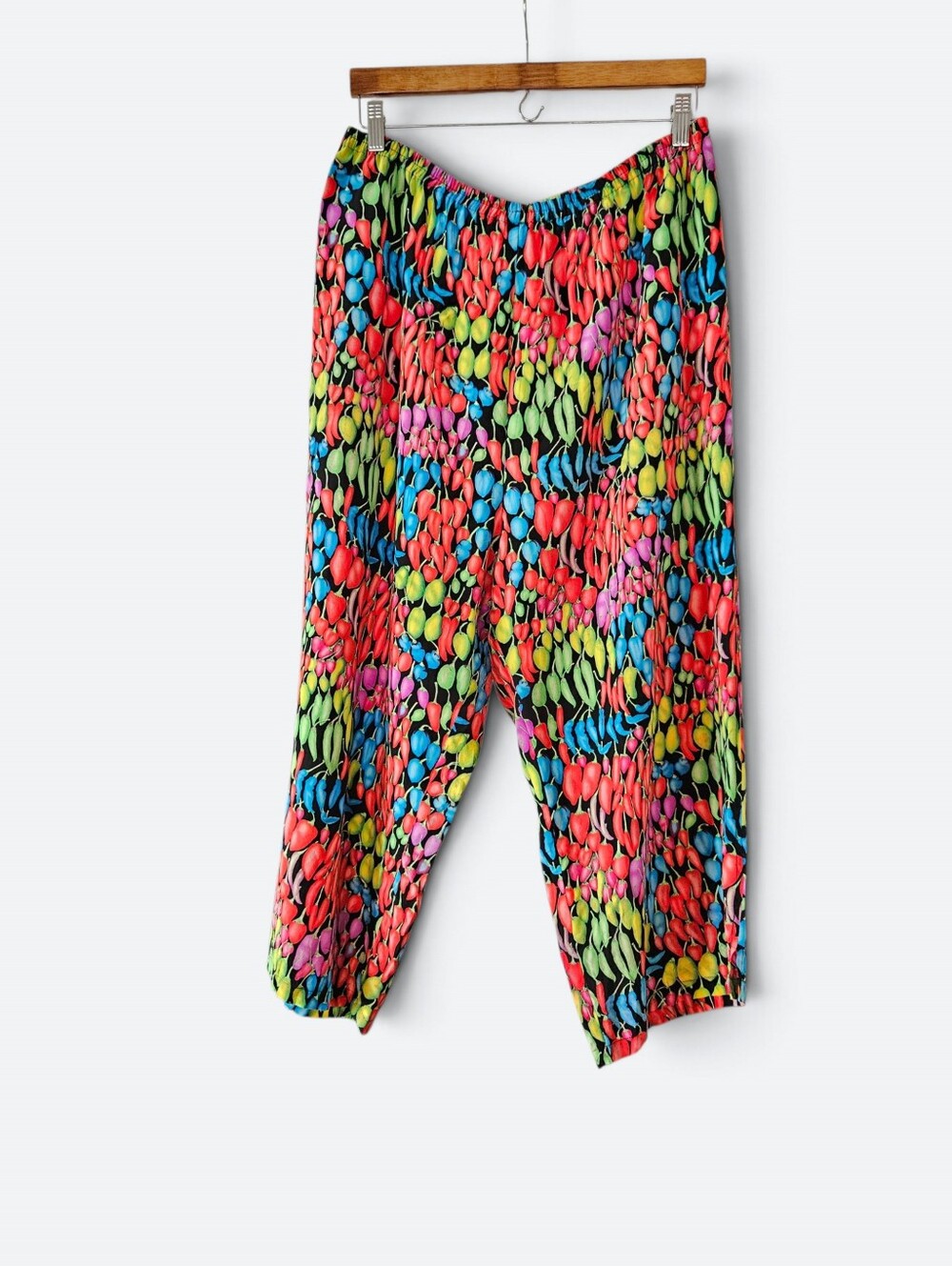 Vintage Ann May 100% Silk Colorful Pepper Pattern Flowy Relaxed Fit Pants XL